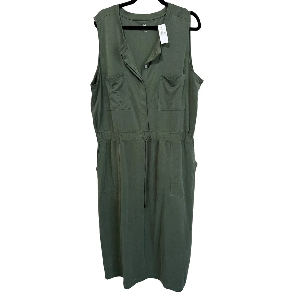 NWT Lou and Grey Olive Green Sleeveless Drawstring Waist Dress‎ Utility Pockets